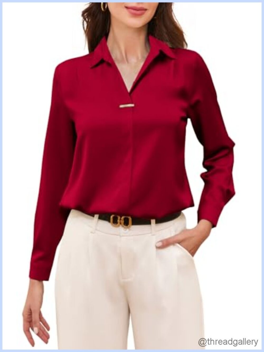 Women's Silky Satin V Neck Long Sleeve Blouse